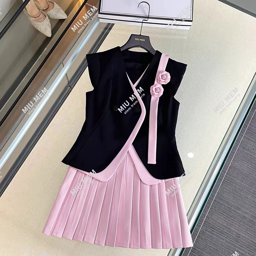 短袖春季默认款式V领连衣裙夏季无袖制服休闲拼接撞色小香风