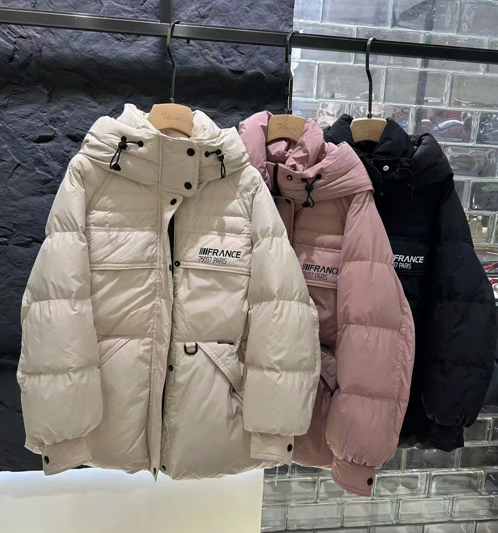9019-31052 厚款中长款连帽女士保暖宽松字母粉色羽绒服外套9109