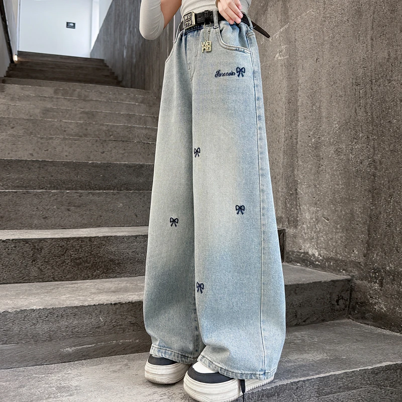 女童蝴蝶结刺绣牛仔裤2025春新款中大童高街休闲阔腿裤潮流百搭裤