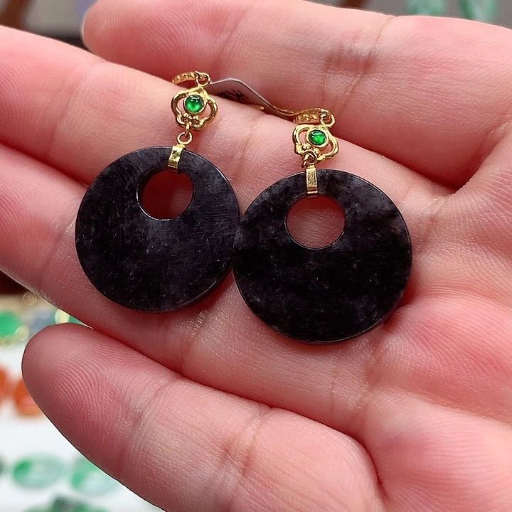 翡翠18K金镶嵌耳饰天然翡翠