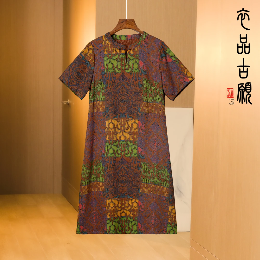 衣品古愿25036手工莨纱清新顺宇压皱大码妈妈装连衣裙