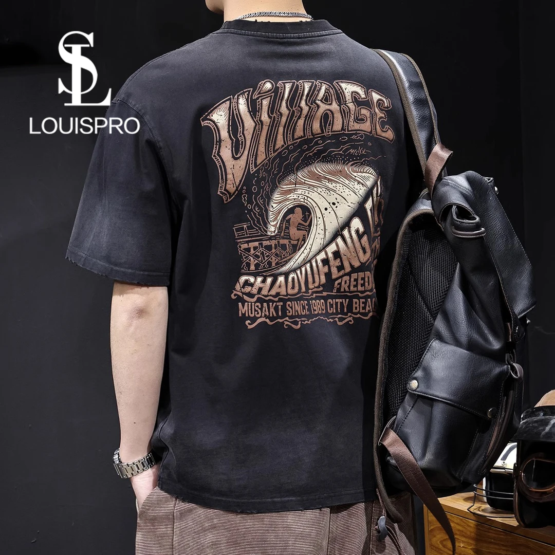 Louispro潮短袖t恤男士夏季2025新款宽松大码衣服美式印花体恤