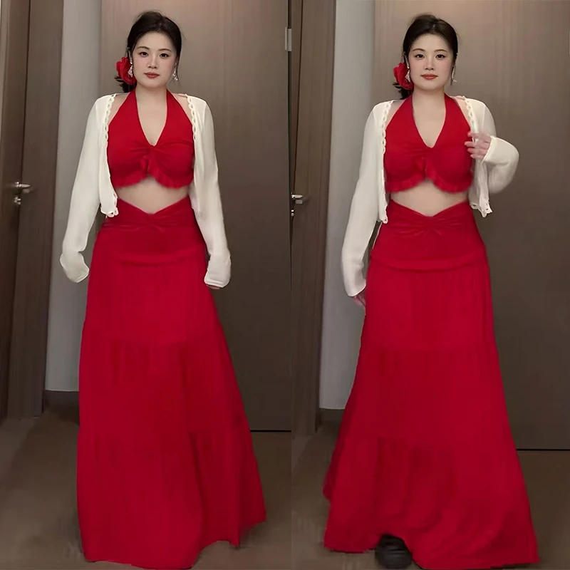 大码纯欲海边度假风套装春夏胖mm显瘦v领挂脖小吊带+半身裙两件套