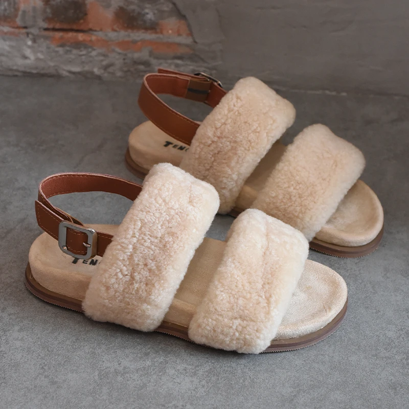 欧洲站女鞋超火爆款休闲露趾毛毛鞋女凉拖2025新款时尚羊羔毛凉鞋