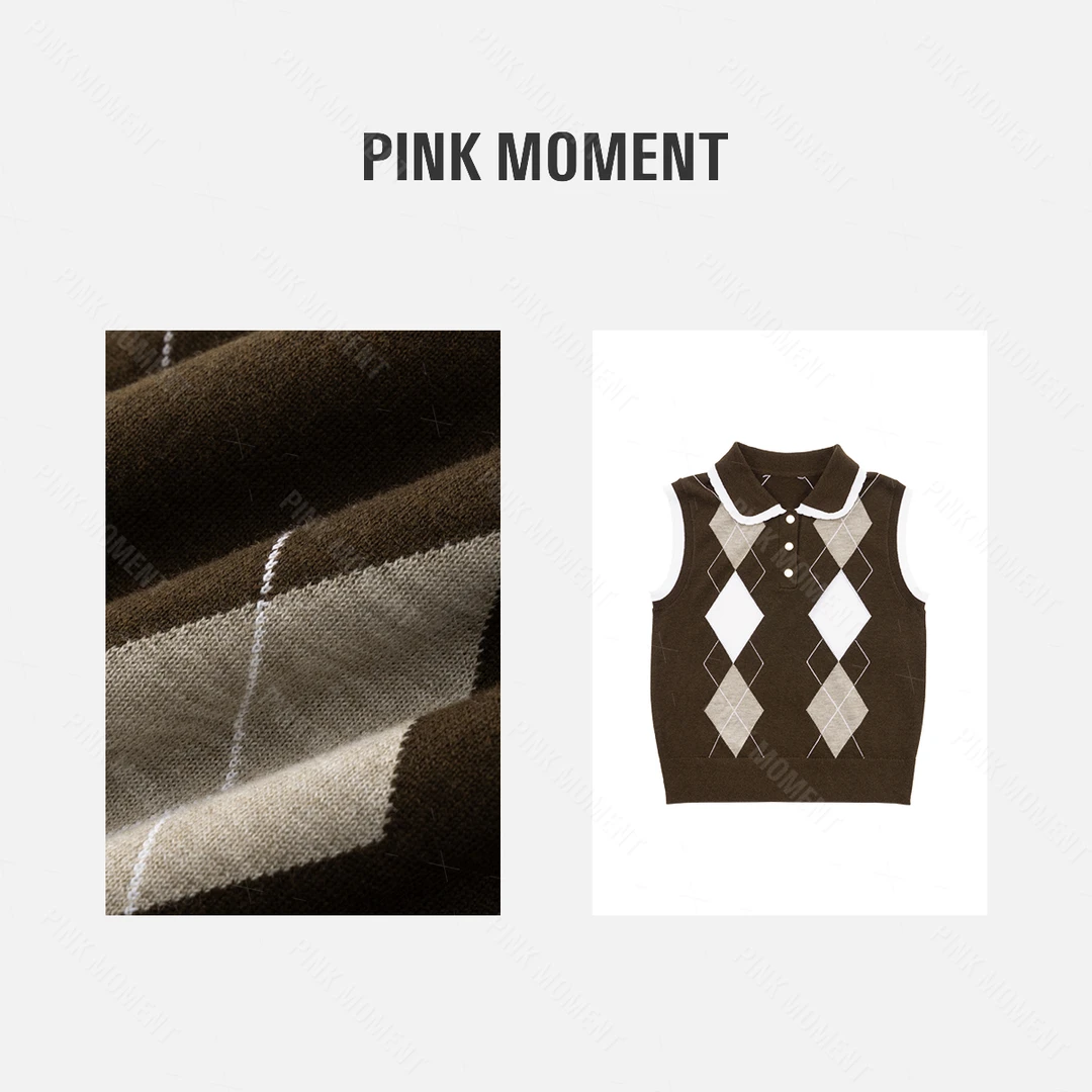 PM王囡囡 咖啡色撞色翻领菱格图案无袖毛织背心（无胸垫） ND1C1191