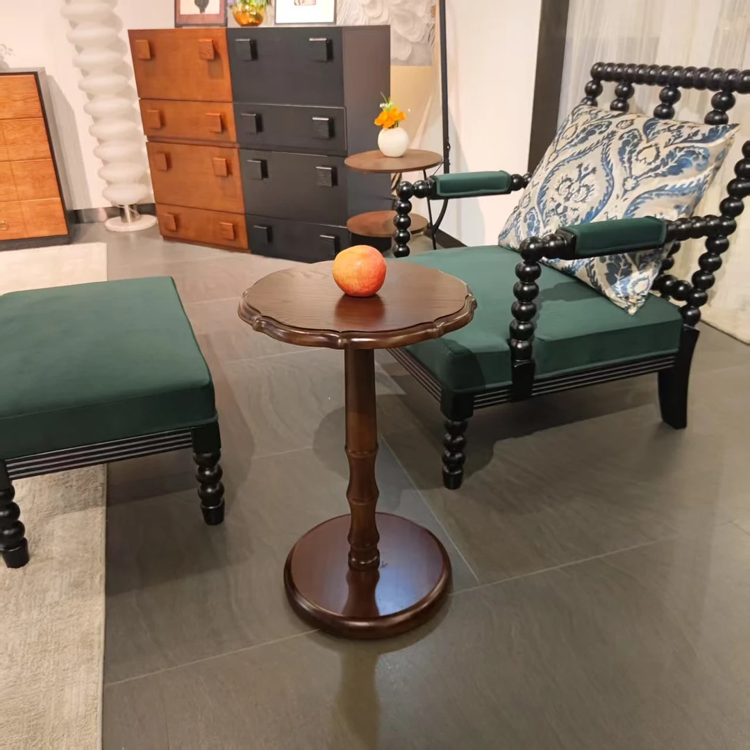 法式中古实木小茶几客厅阳台复古咖啡桌休闲角几床头沙发边几圆形