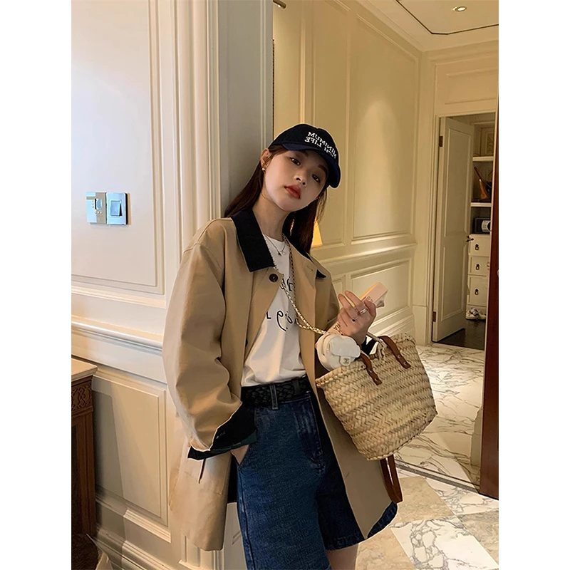 胖mm大码翻领撞色拼接衬衫短款风衣外套女秋季新款高级感百搭上衣