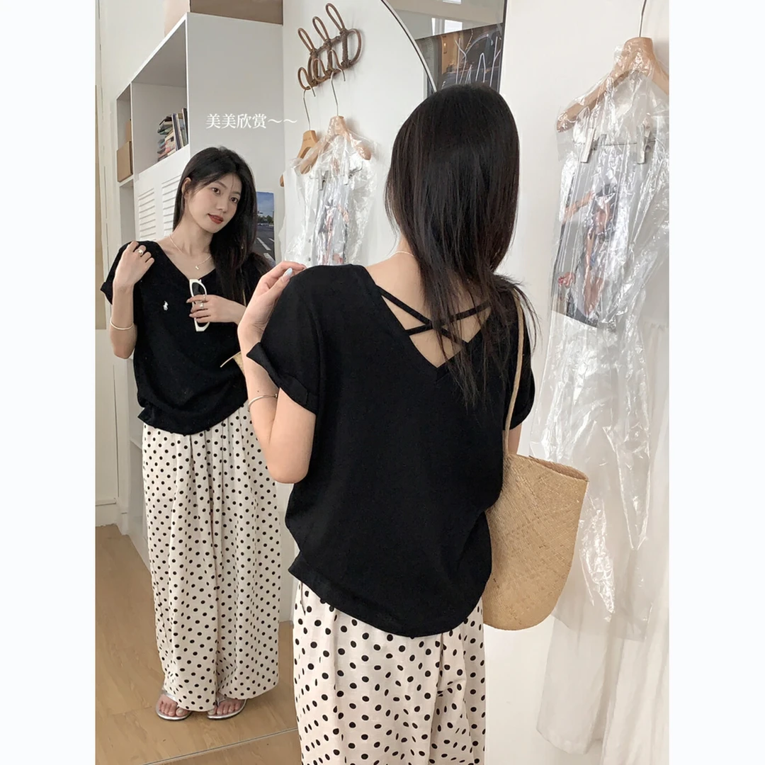 2025夏季新款简约休闲V领交叉绑带宽松短袖T恤女W-360