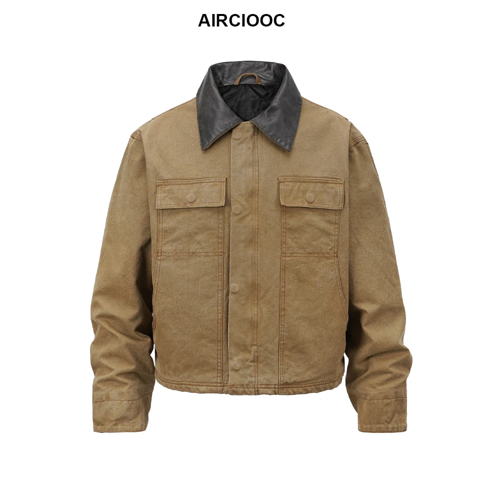 AIRCIOOC【东部牛仔】25AW工装美式短夹克夹棉拼皮翻领底特律外套