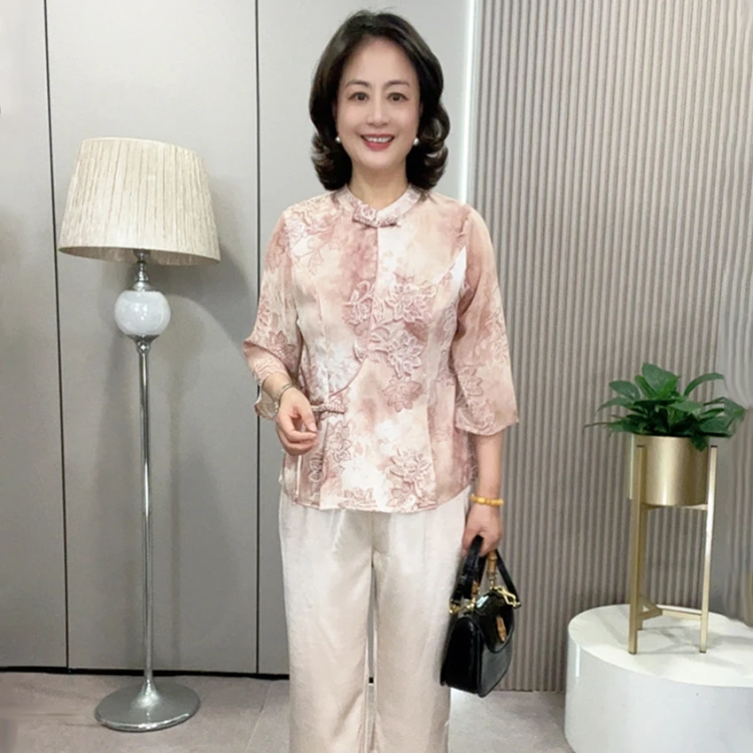 25063春季时尚新中式气质休闲百搭上衣加裤子两件套