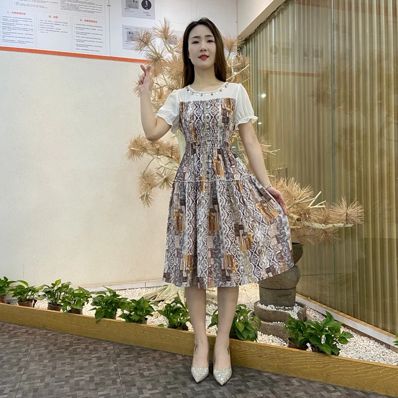 夏季新款优雅气质修身显瘦时尚百搭印花短袖连衣裙女2025洋气中裙