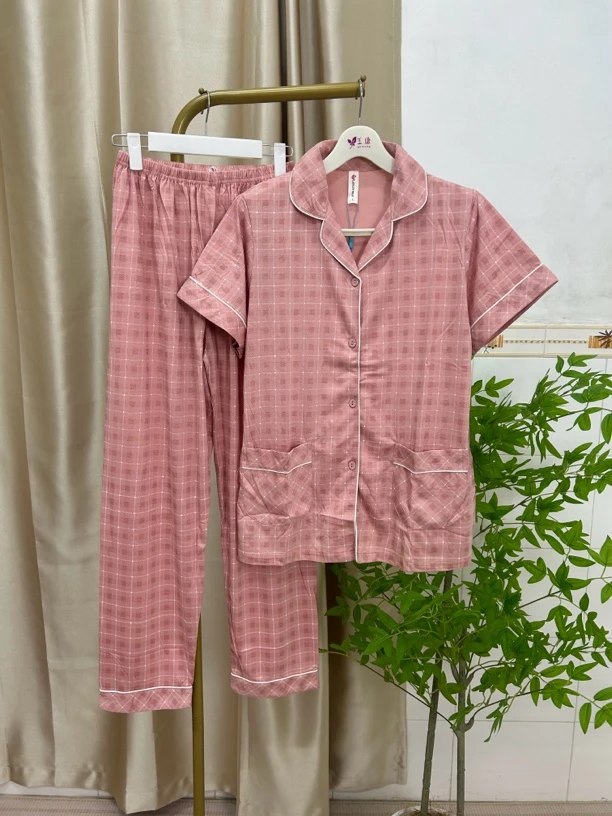 玉康女士夏季冰爽棉短袖长裤开衫格子可外穿家居服