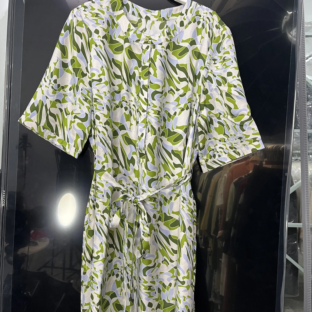 夏季翻领碎花印花桑蚕丝连衣裙系带收腰宽松时尚长裙W003