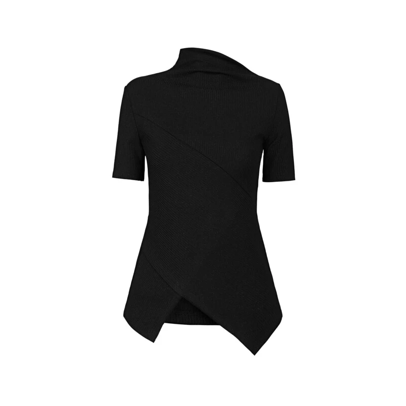 圣迪奥女装时尚气质复古法式拼接不规则修身T恤S24260111