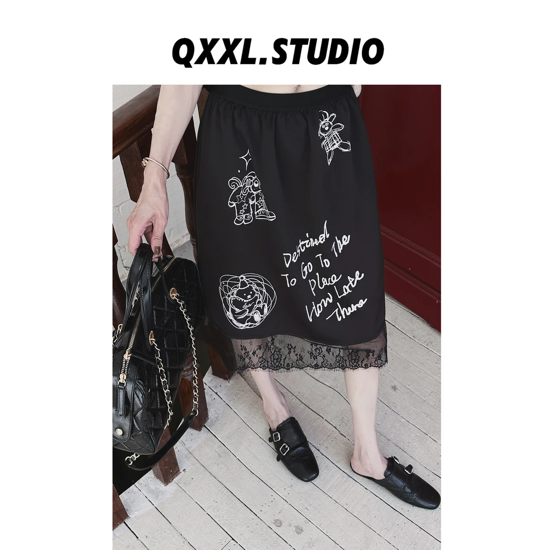 邱小小丽呀 涂鸦半身裙女显瘦百搭减龄蕾丝拼接休闲逛街裙子