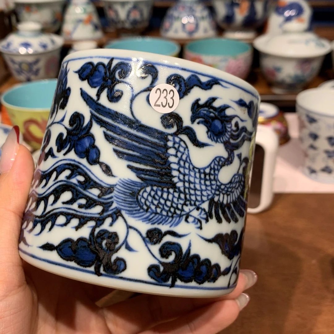 摆件干****a233青花大杯微瑕啦啦啦啦