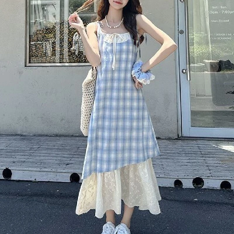 蕾丝拼接格子吊带裙连衣裙女2025夏季新款清新宽松显瘦假两件裙子