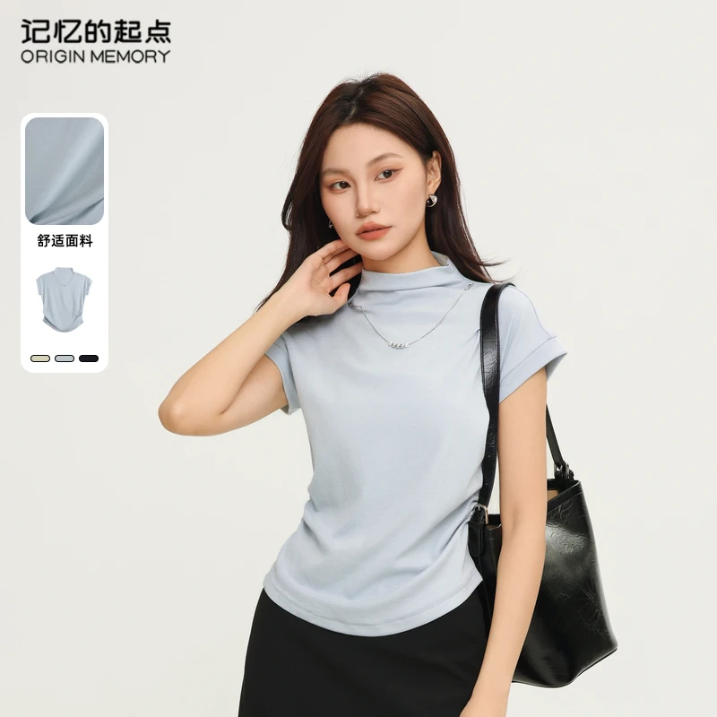 记忆的起点半高领短袖针织衫女2025夏季新款复古基础衫69TX35012