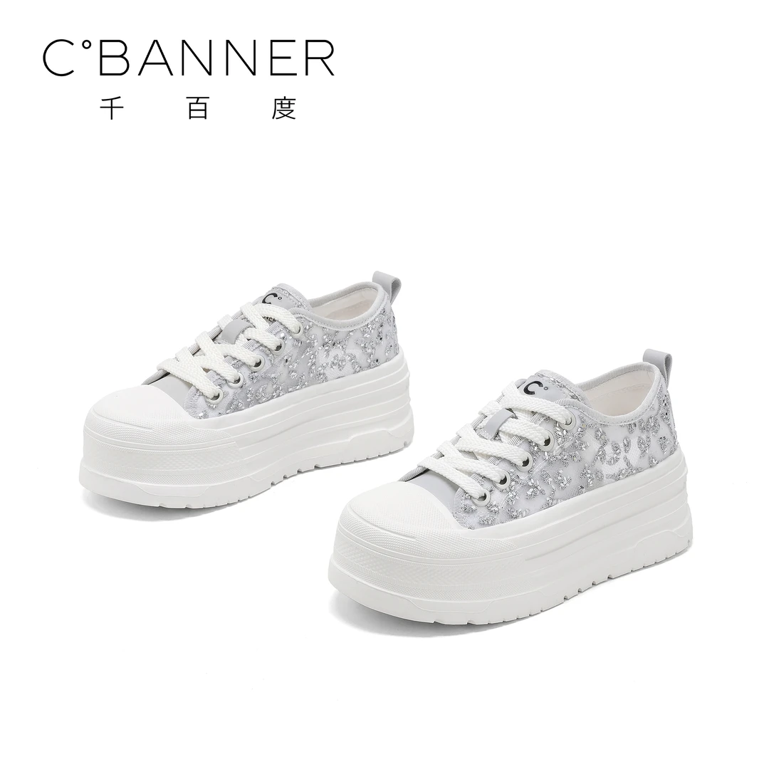 C.BANNER/千百度厚底休闲鞋女新款百搭蕾丝网面透气板鞋小白鞋