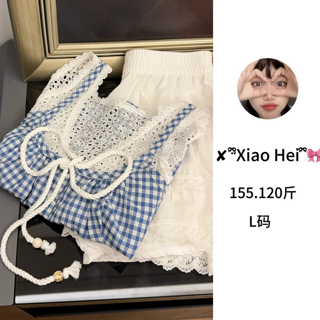 设计感蕾丝假两件内搭外穿小吊带背心女夏季短款格子无袖上衣套装