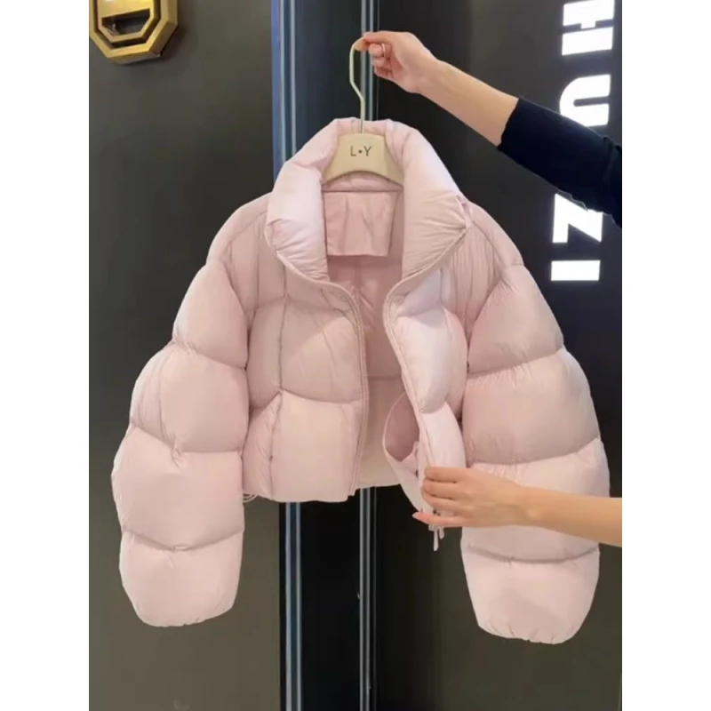 独特超好看粉色短款泡芙棉服女冬2025新款韩版小个子面包服外套