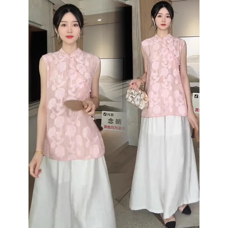 新中式时尚套装女2025夏季新款洋气显瘦无袖提花上衣阔腿裤两件套
