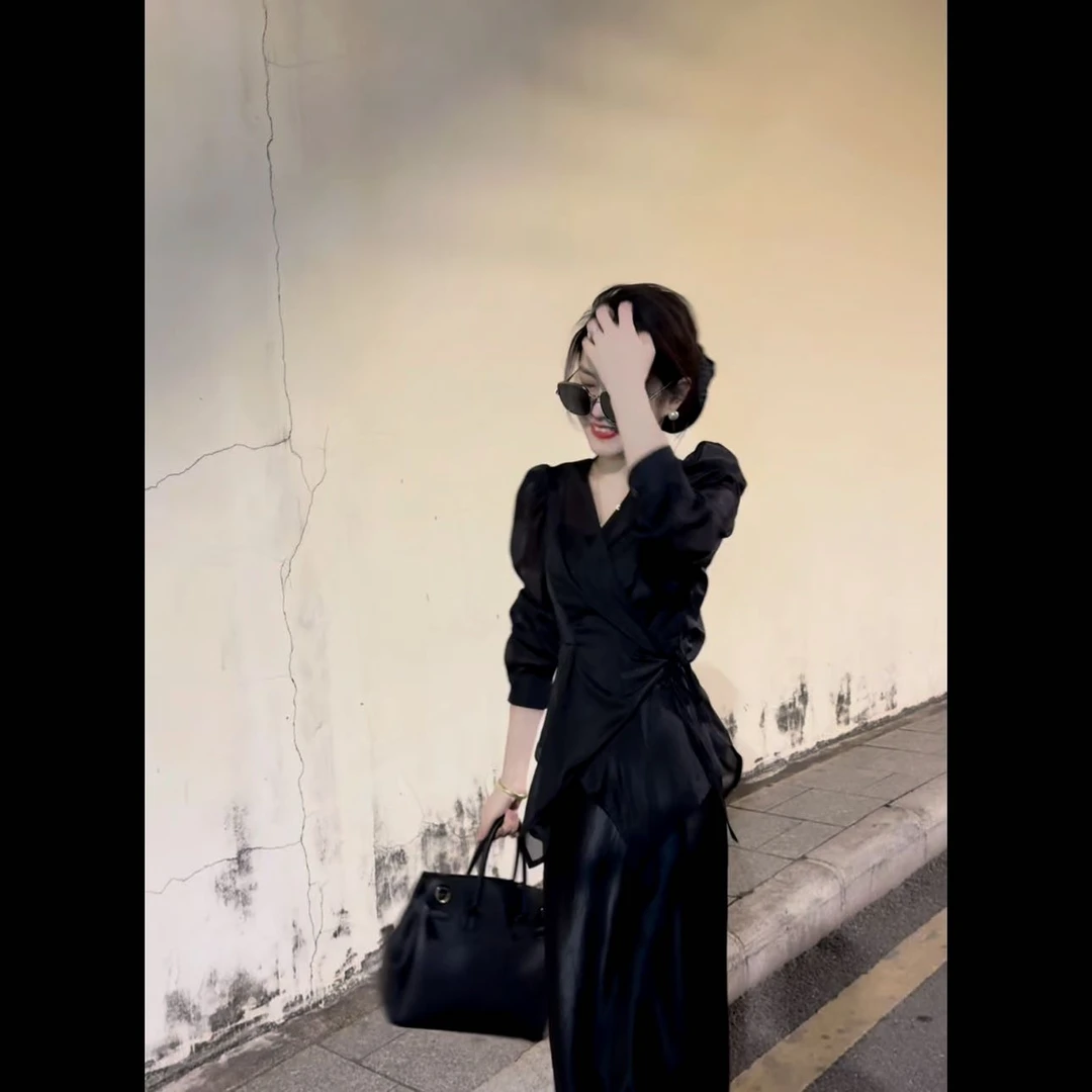 【JQW】法式泡泡袖花朵透视衬衫女