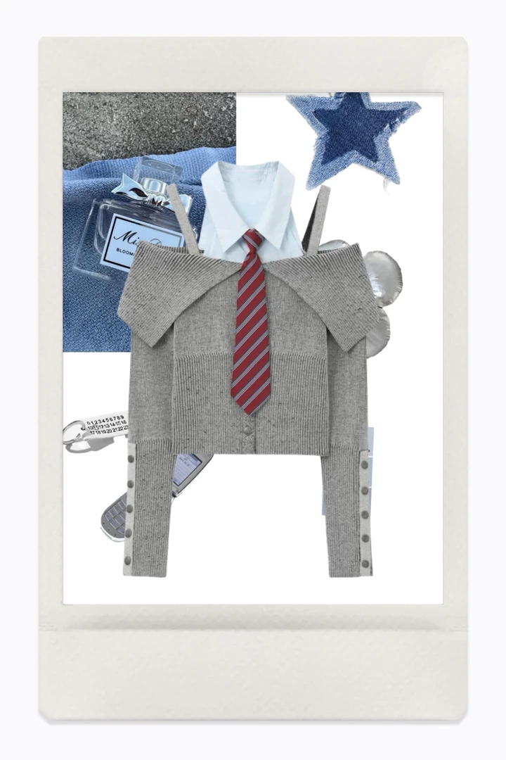 【安—法式少女】学院风领带漏肩长袖衬衫拼接针织上衣女秋