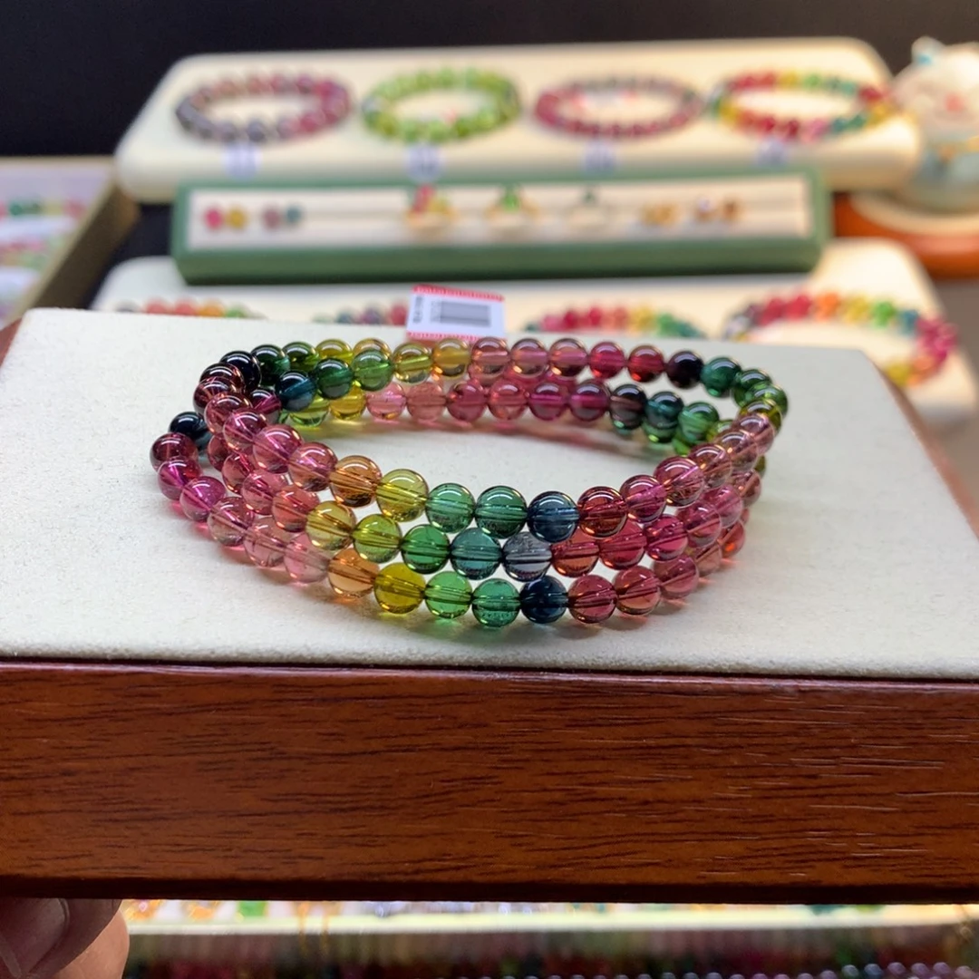 碧玺未镶嵌手链艳丽彩虹三圈