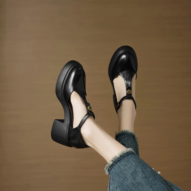 羊皮~7cm百搭夏季外穿侧空圆头单鞋真皮粗跟厚底高跟舒适包头凉鞋