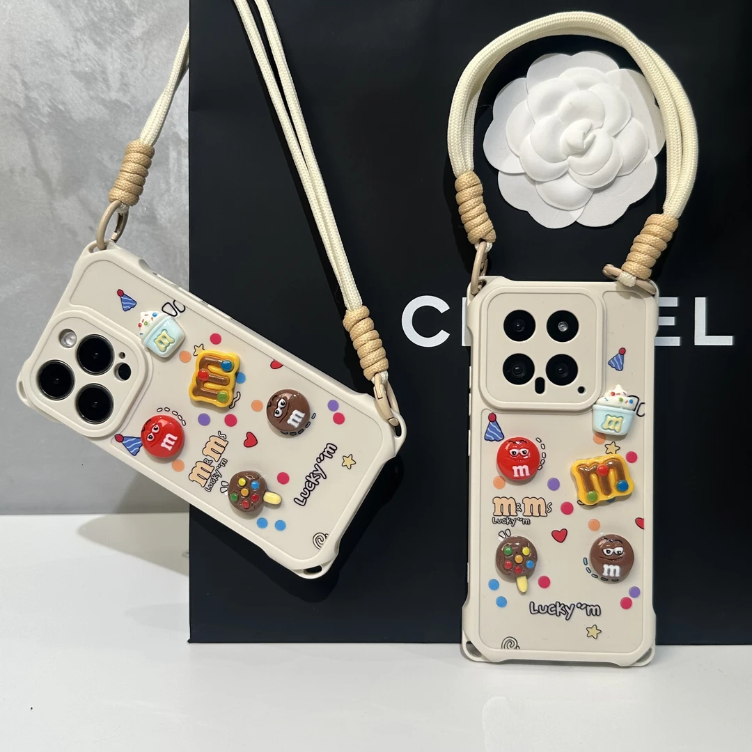 奥菲顿趣味小M豆四角挂绳壳适用苹果16手机壳华为P70vivo小米oppo