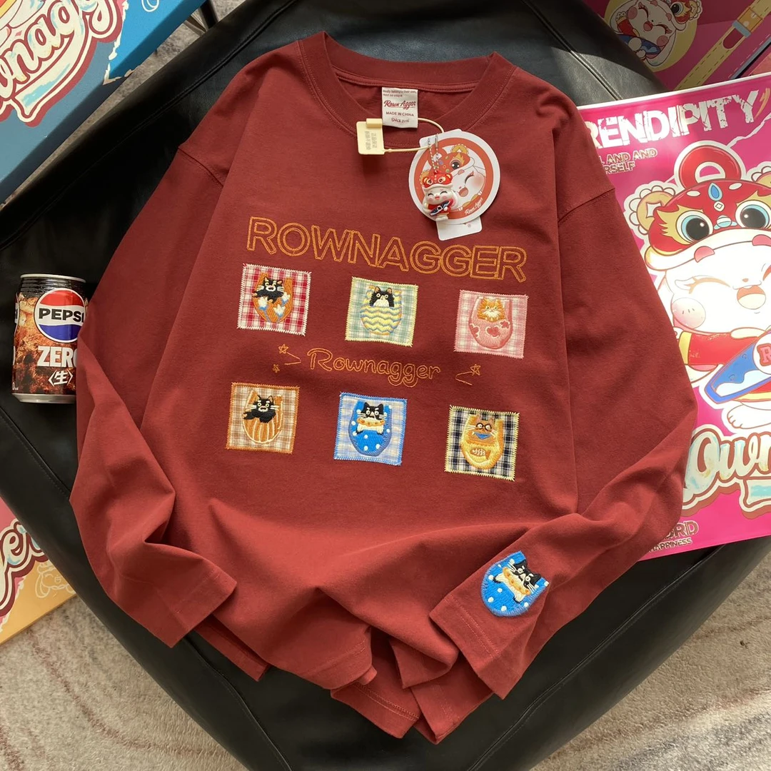 中古纸袋—补丁小猫咪 原创设计师 手工设计刺绣长袖T3025