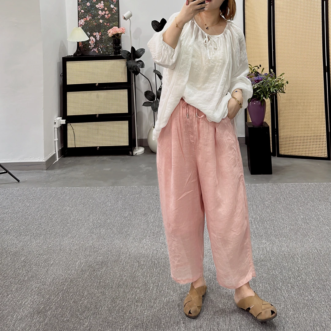 【程雅大码】薄款民族风腰头撞色抽绳松紧腰苎麻休闲高腰宽松哈伦裤