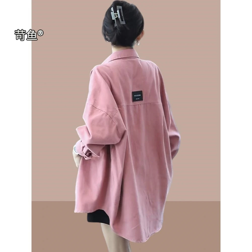 苛鱼牛仔衬衫外套女春秋2025新款百搭中长款上衣宽松休闲叠穿衬衣