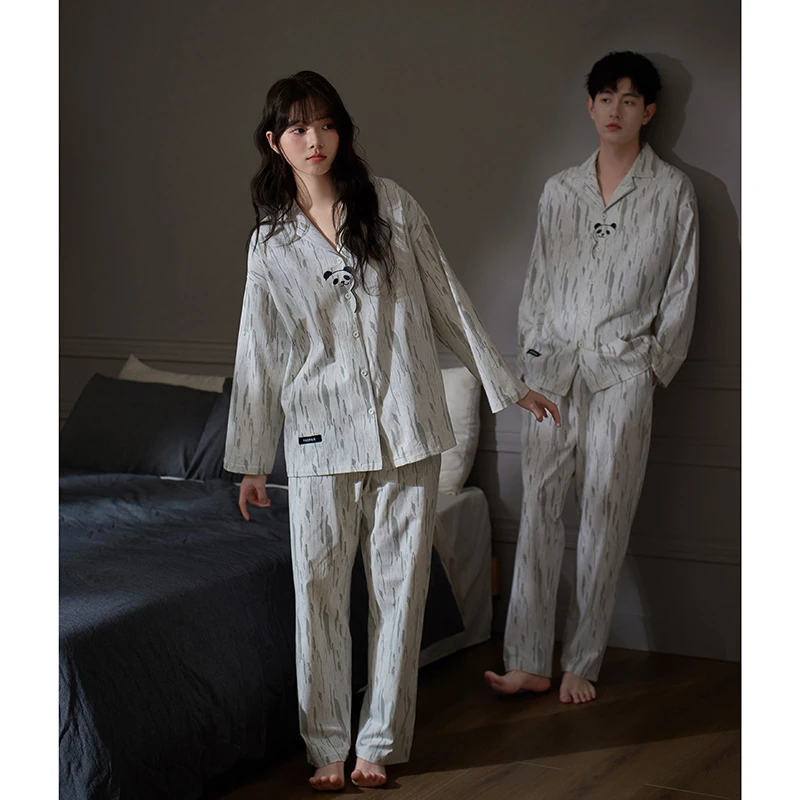 思莉太太【探头熊猫】情侣睡衣女春季新款纯棉长袖男士可外穿家居服