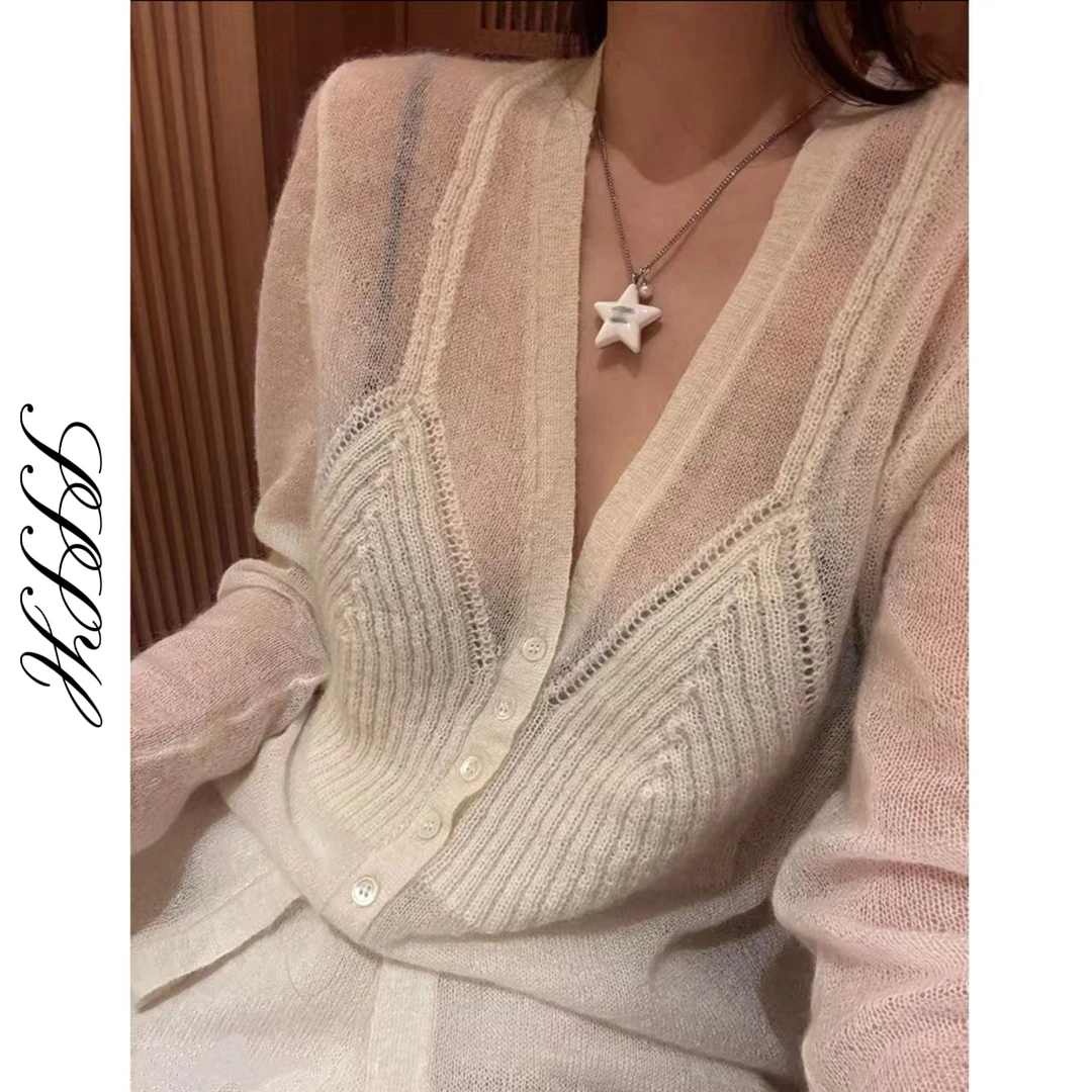 SSDS春夏新款2025年微透吊带宽松V领羊毛针织衫休闲纯欲轻熟毛衣