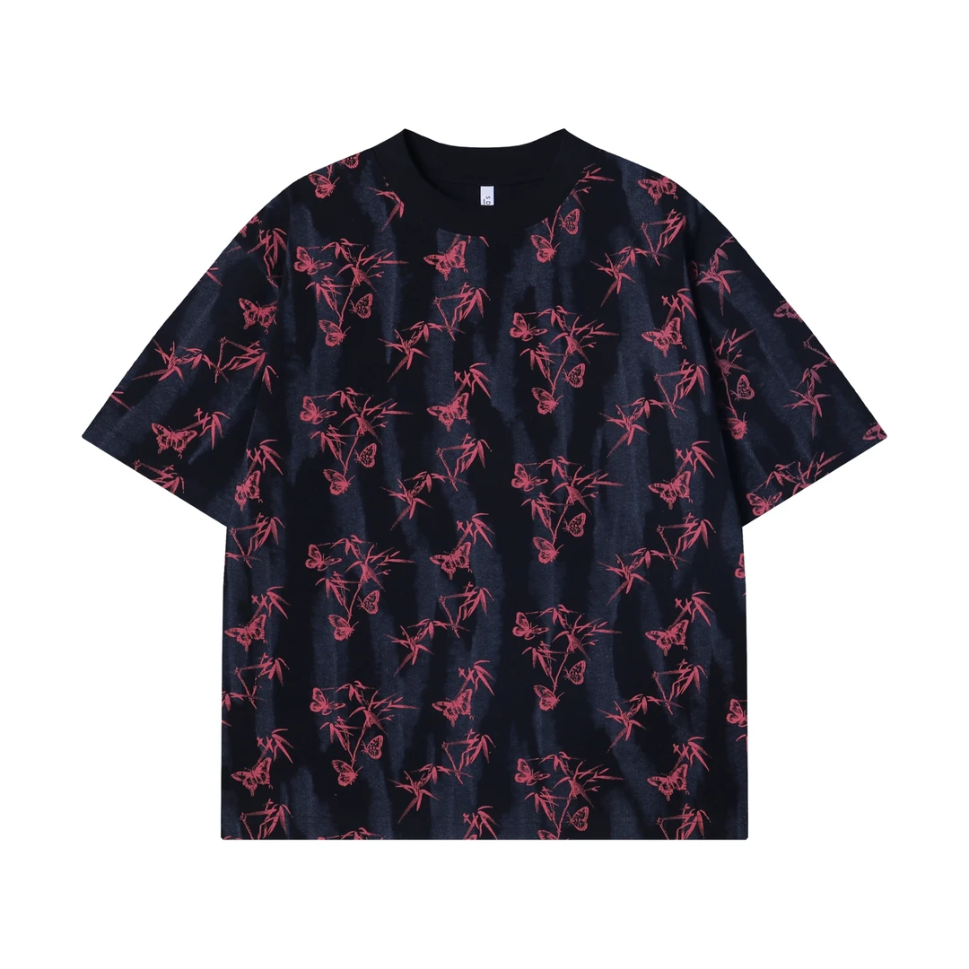 夏季高级感新款撞色蝴蝶印花圆领短袖T恤情侣复古宽松潮流上衣