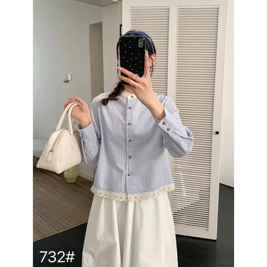 甜美少女感十足短款小个子穿搭拼接蕾丝下摆文艺风条纹长袖衬衫女