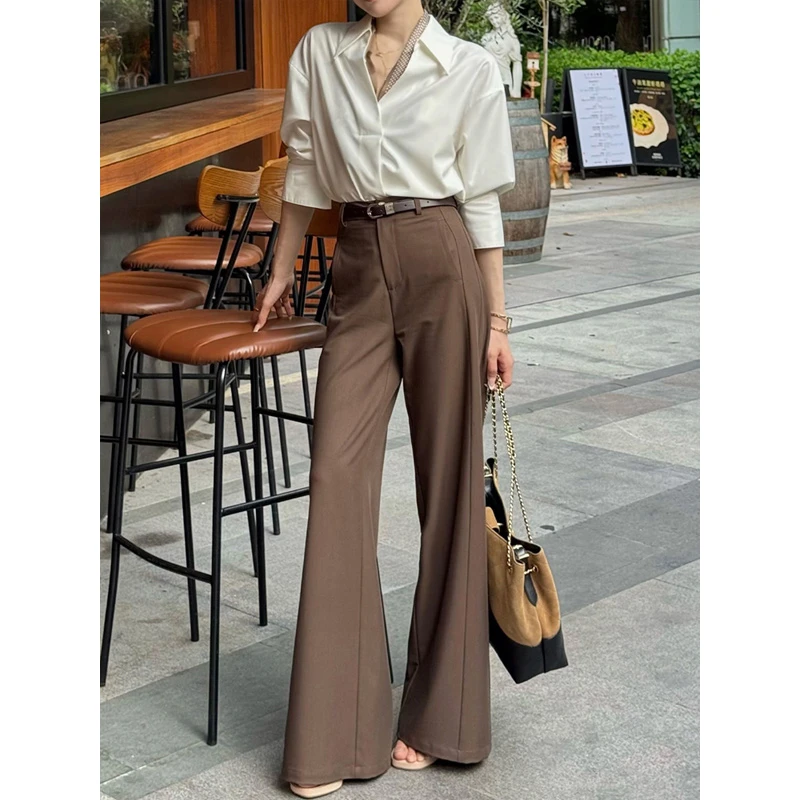 高级感咖色纯色拼接高腰休闲宽松显瘦百搭阔腿裤女