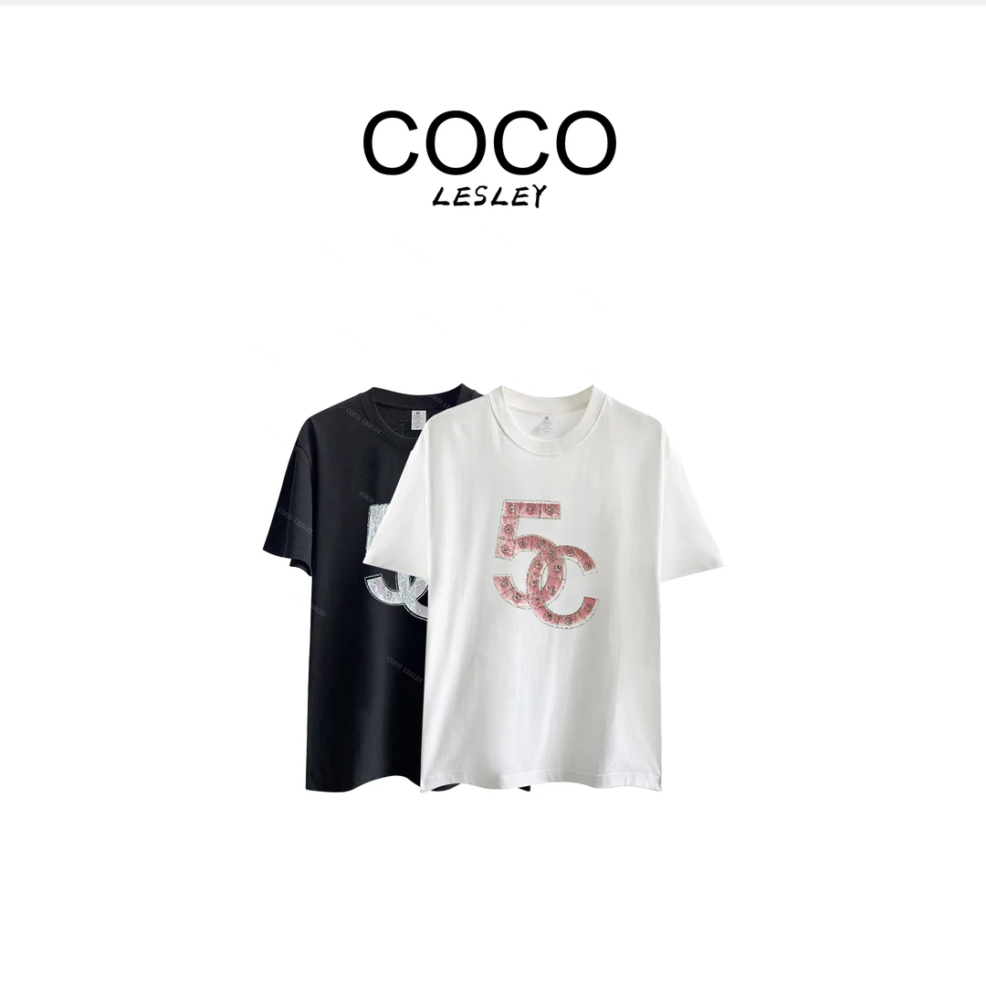 COCO LESLEY/时尚气质高级轻奢休闲纯棉烫钻T M318