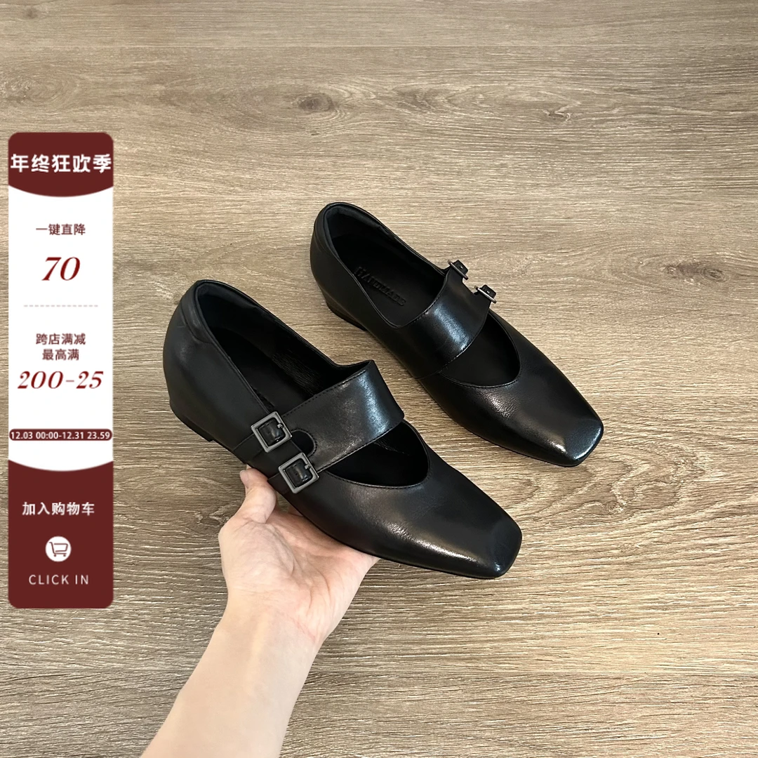 Dannyfrey法式复古方头皮带扣女百搭一字带小众内增高玛丽珍鞋
