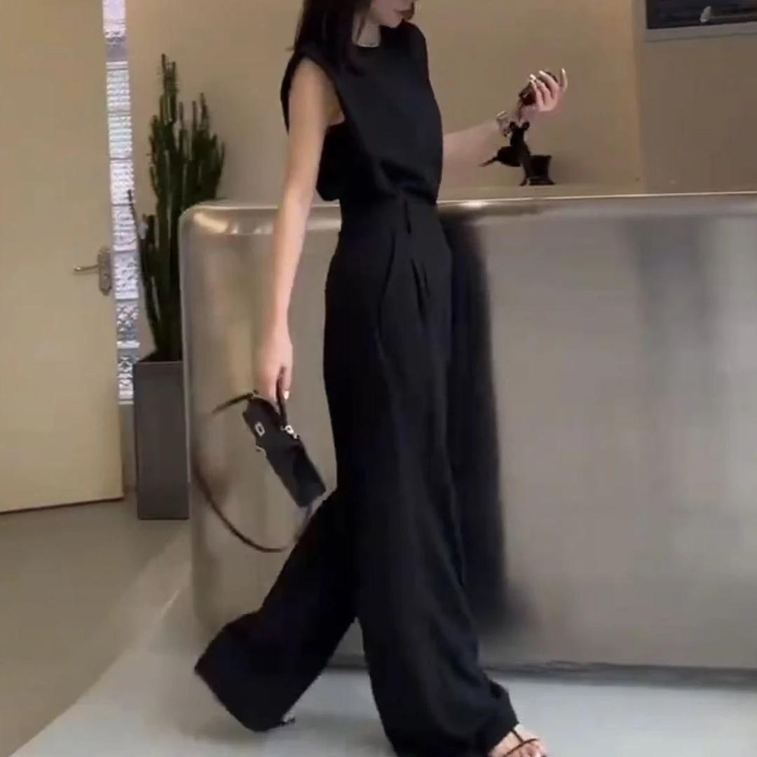 中年女装2025夏季新款轻熟风时尚无袖上衣高腰阔腿裤高级两件套装