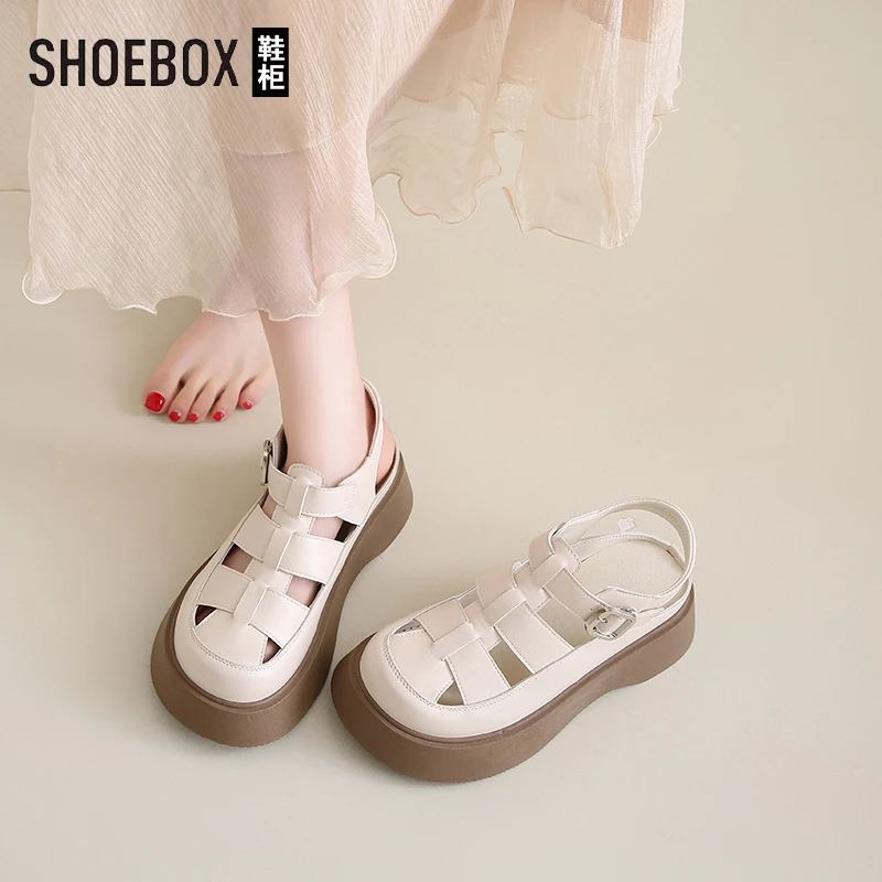 SHOEBOX鞋柜厚底罗马凉鞋女夏天软底透气休闲包头猪笼鞋镂空鞋