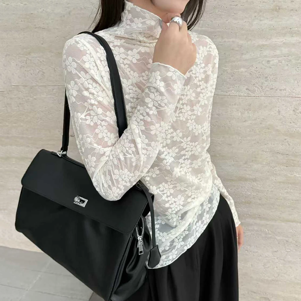 蕾丝微透打底小衫女半高领秋季长袖内搭立领洋气时尚百搭上衣网纱