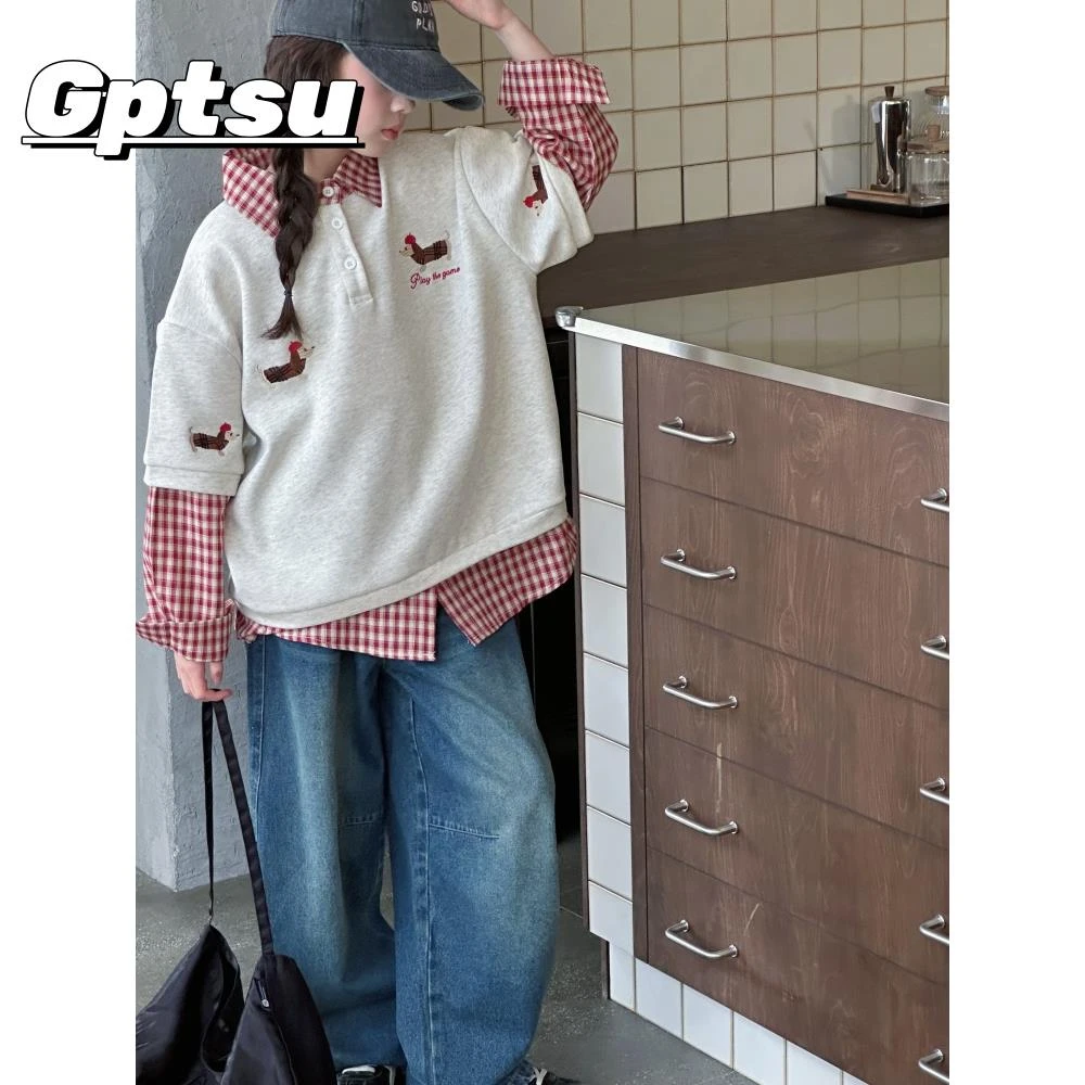 GPTSu女童春秋套装2025款韩版儿童格子翻领卫衣中大童牛仔裤衣服