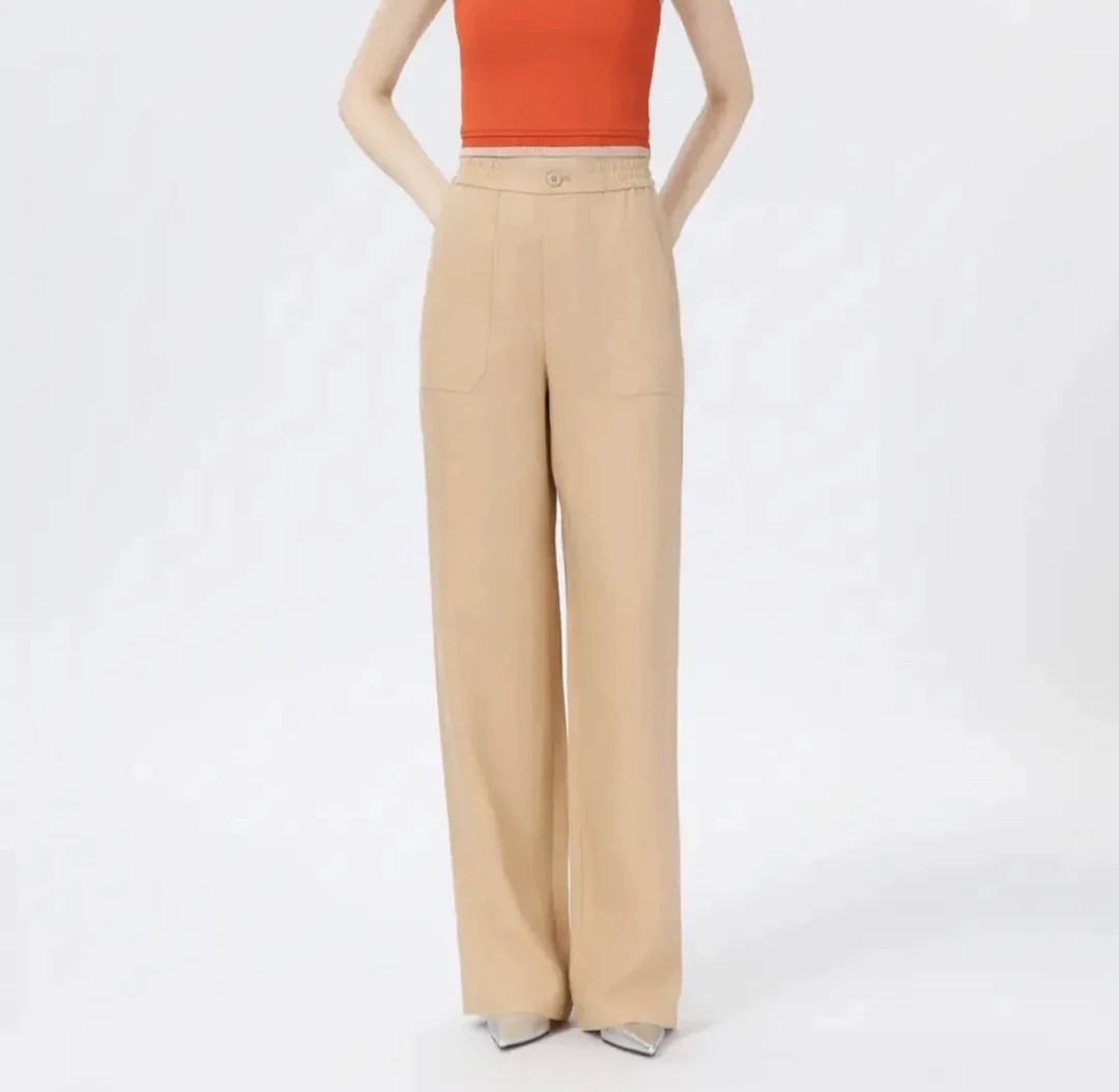 新款时尚纯色百搭腰头两侧松紧亚麻直筒裤子510052高腰宽松夏季