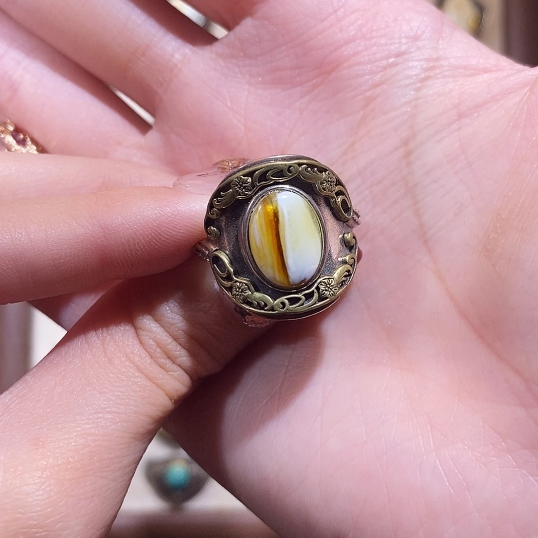 琥珀戒指银S925镶嵌C*戒指