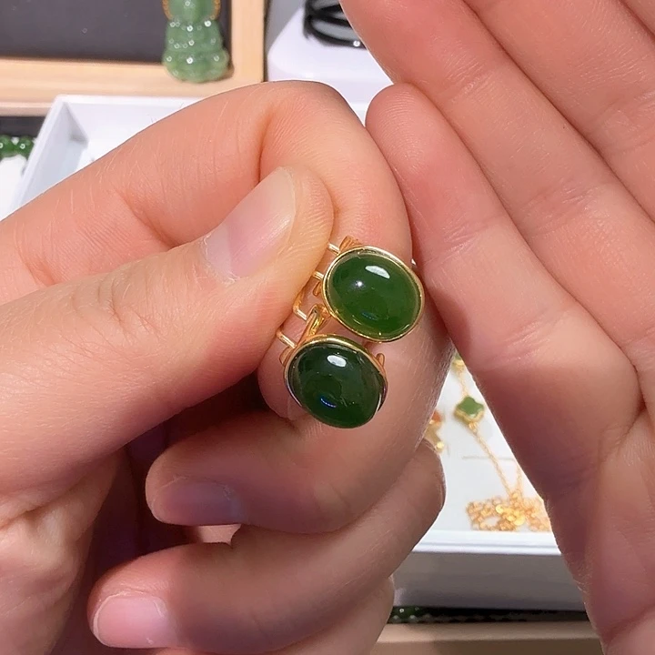 和田玉耳饰银S925镀金镶嵌