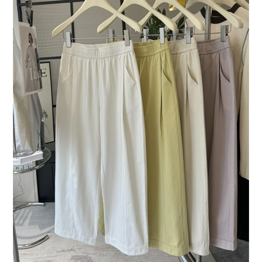 休闲裤宽松显瘦百搭阔腿裤女松紧高腰牛仔棉九分裤小个子春夏新款