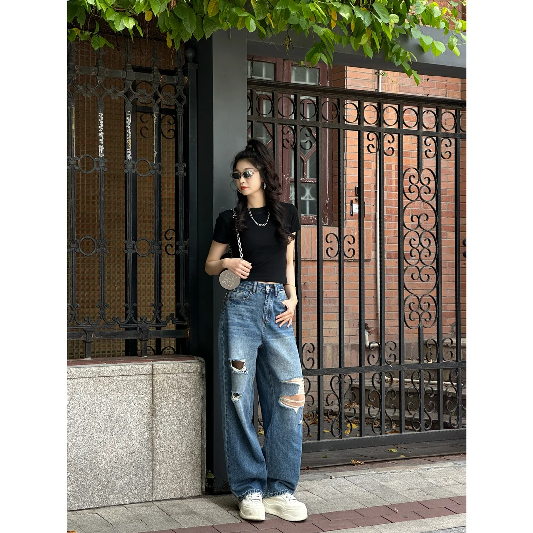 CP0507-蓝【N5专享】夏季新款宽松个性破洞弯刀牛仔裤